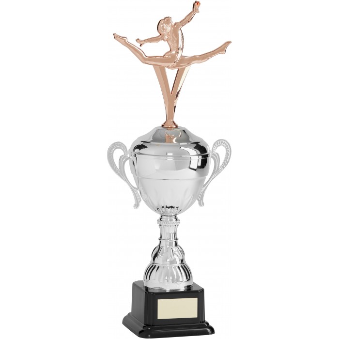 SILVER HANDLED GYMNASTIC CUP FEATURING METAL GYMNASTIC FIGURE - AVAILABLE IN 3 SIZES